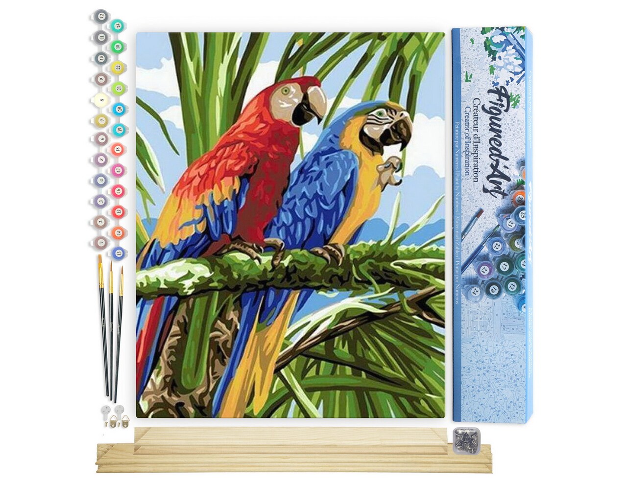 Figured'Art Paint by Numbers Kit for Adults Parrots in the Tropics 16"x20" - Craft Art Painting Rolled Canvas with DIY wooden frame
